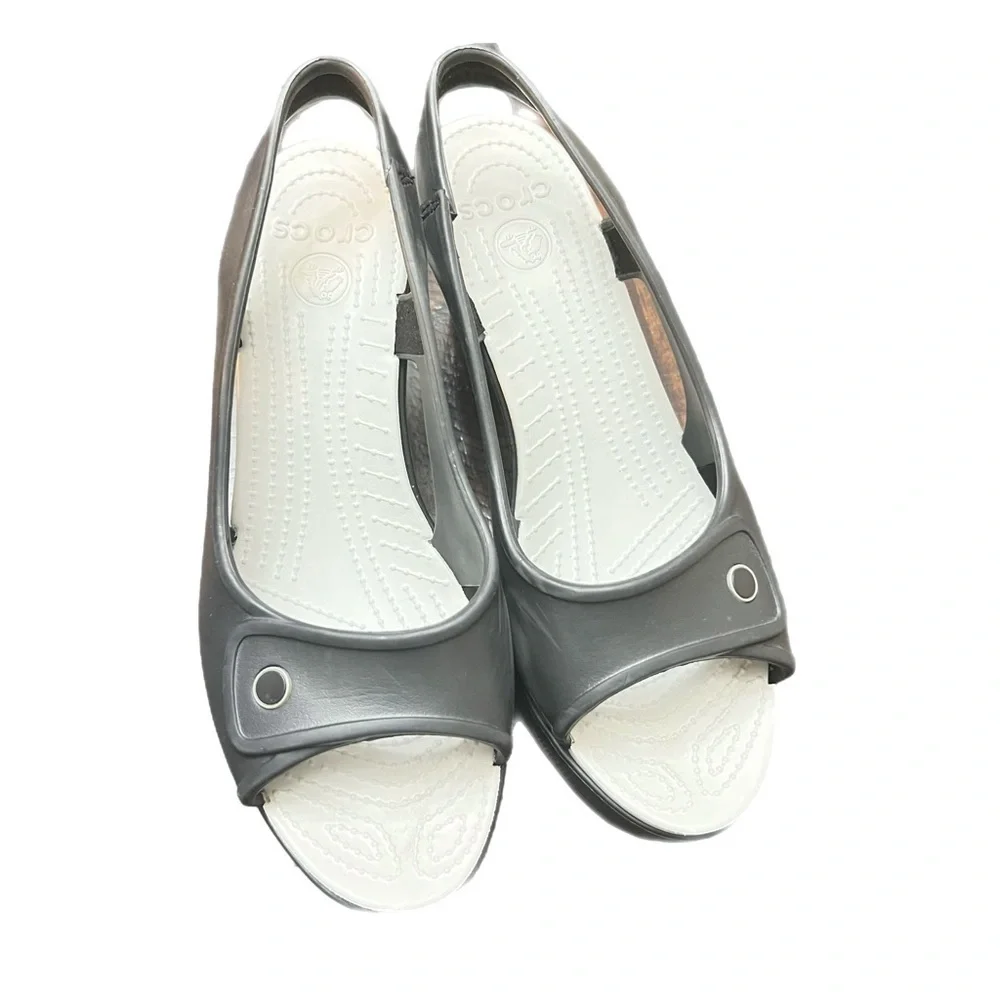 Crocs Havana Slim Wedge Sandals Womens Sz 10 Black Slingback Open Toe City Shoes